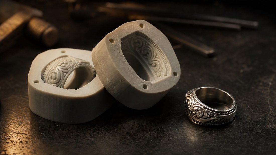 Moule de joaillerie en silicone ouvert avec une bague en argent