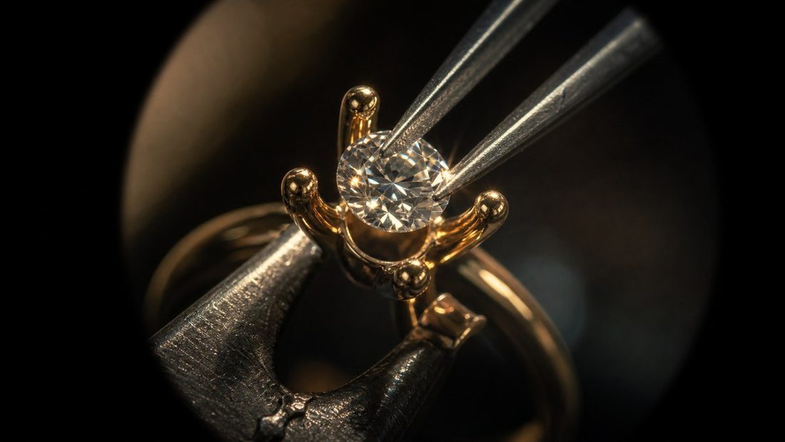 Diamant placé dans les griffes d'une bague en or
